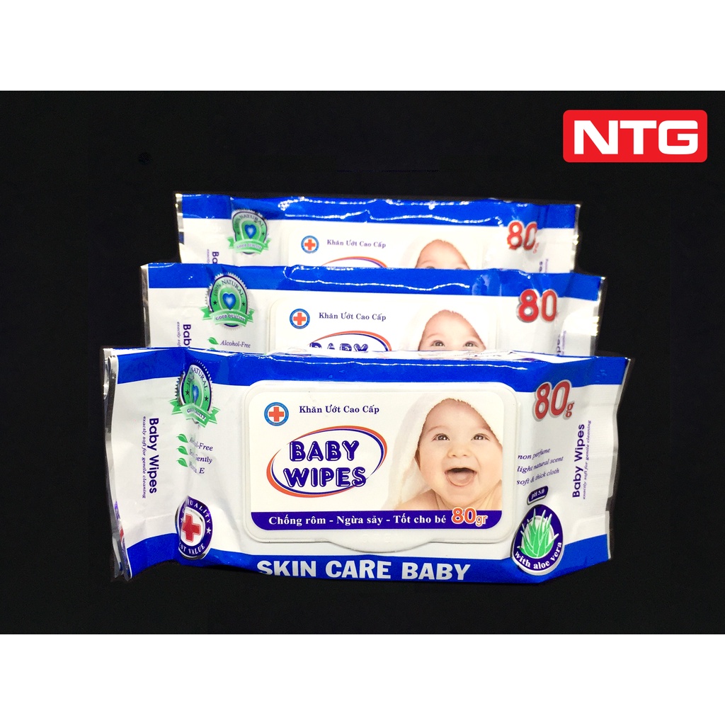 Khăn giấy ướt Không mùi cho bé Baby Wipes 80g màu Xanh, vải loại 1 dai mịn, giá sỉ