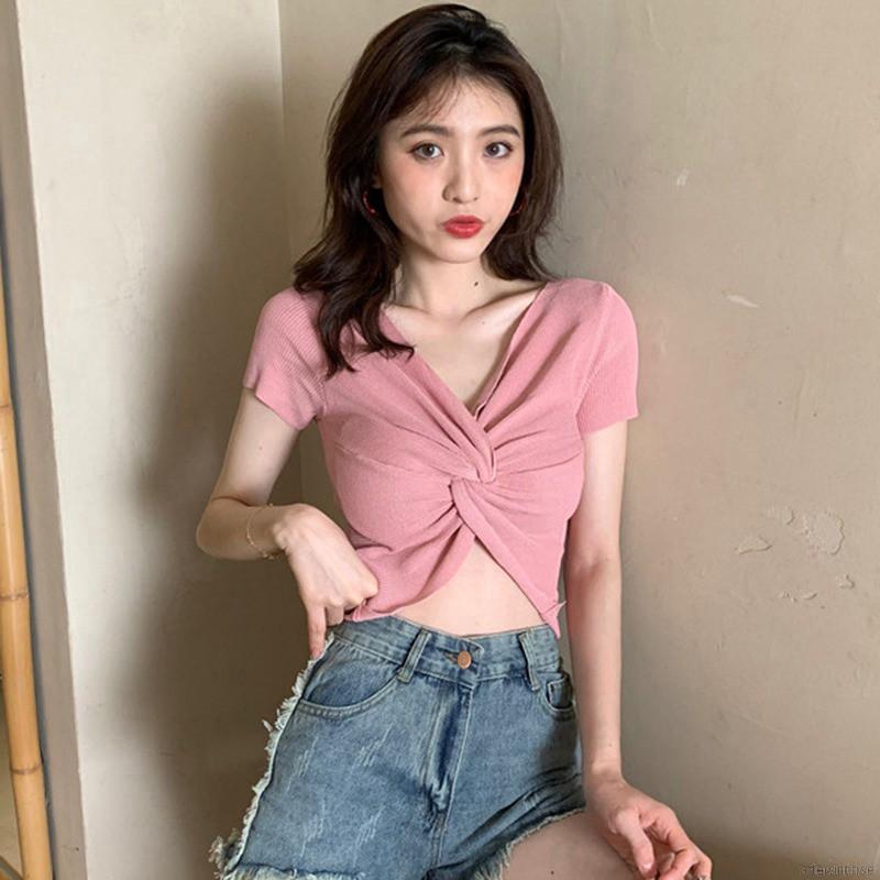 Áo Croptop dệt kim tay ngắn thiết kế cổ chữ V quyến rũ