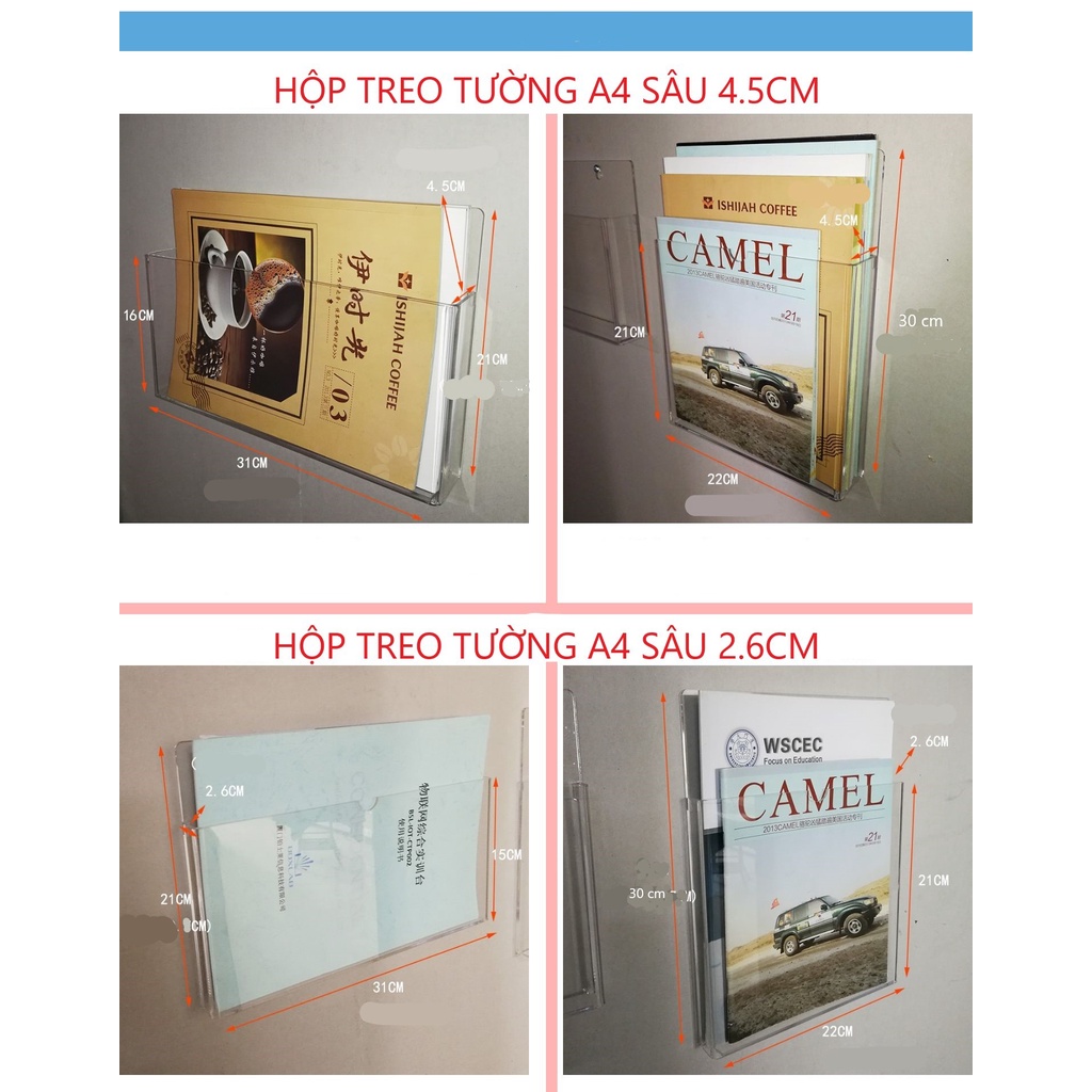 Hộp treo tường acrylic A4 lưu trữ sách giáo khoa và tạp chí, hộp tài liệu, hộp trưng bày