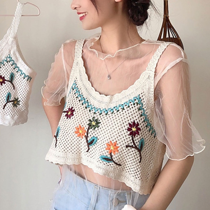 Áo Croptop Dệt Kim Hai Dây Thêu Họa Tiết Hoa Phong Cách Vintage