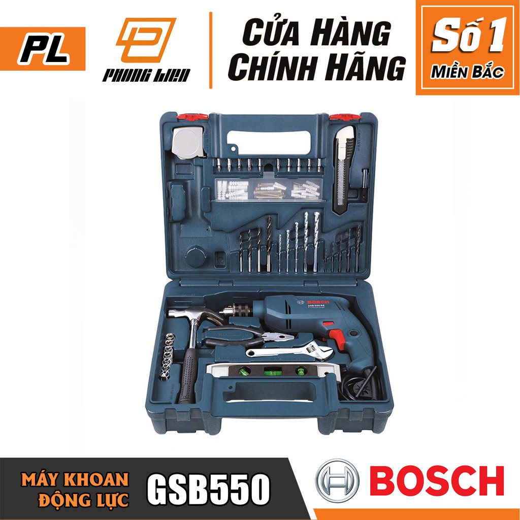 Máy Khoan Động Lực Bosch GSB550 SET 100 Chi Tiết (13MM-550W) - Khoan Sắt/Gỗ/Tường - Hàng Chính Hãng