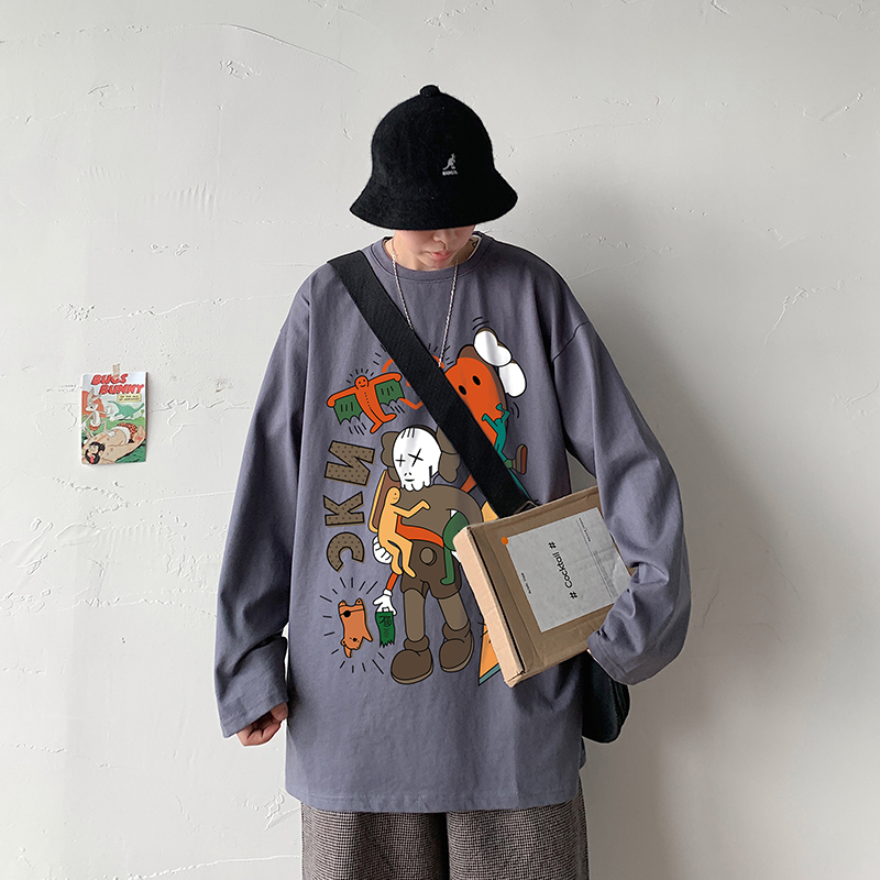 Áo thun tay dài dáng rộng in họa tiết độc đáo thời trang cho nam có size M-5XL