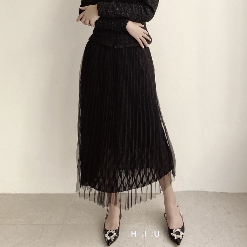 Chân váy midi Ami skirt black H.I.U ROOM xếp ly voan ánh kim 2 lớp, HIU desgin 2021