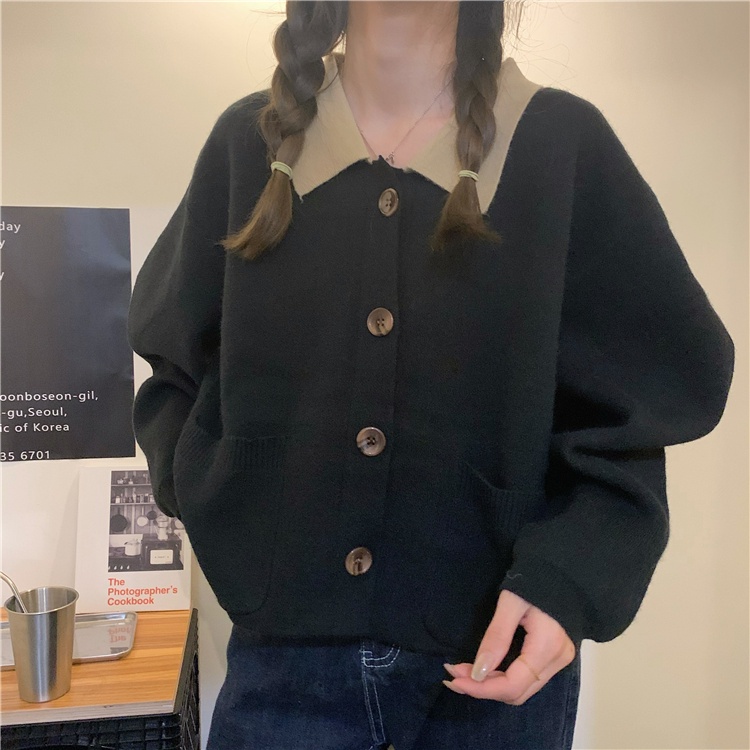 Áo khoác Cardigan dệt kim tay dài 173759Áo Sweater cổ POLO dáng rộng phối nút màu sắc trẻ trung xinh xắn | BigBuy360 - bigbuy360.vn