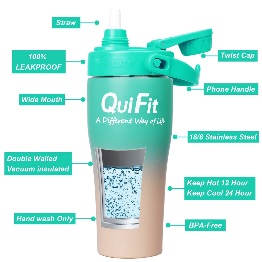 QuiFit Bình Giữ Nhiệt Chân Không 1L Bằng Thép Không Gỉ Cách Nhiệt Kèm Ống Hút Và Nắp Đậy Chống Rò Rỉ Tái Sử Dụng Được Trong Vòng 24 Giờ