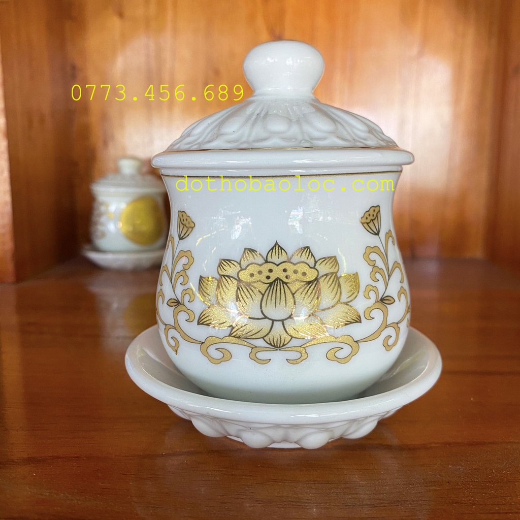 Hũ đựng gạo muối thờ cúng bằng sứ màu trắng hình hoa sen vàng 3 cỡ cao: 7cm, 9cm, 11cm
