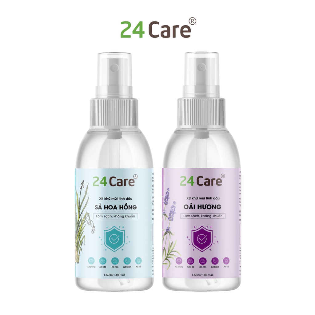 Combo 2 xịt khử mùi thơm phòng Sả Hoa Hồng + Oải Hương 24Care 50ml/chai