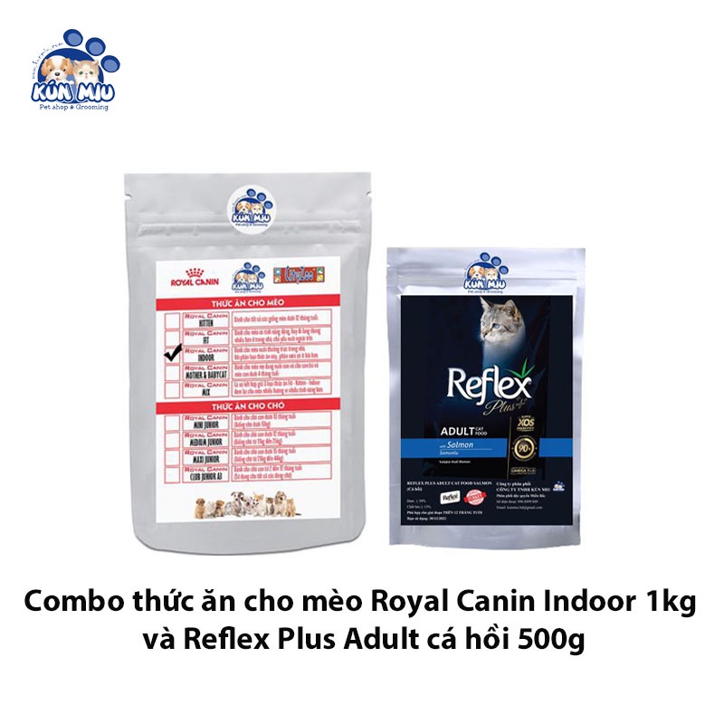 Combo thức ăn Royal Canin indoor 1kg và reflex plus adult cá hồi 500g