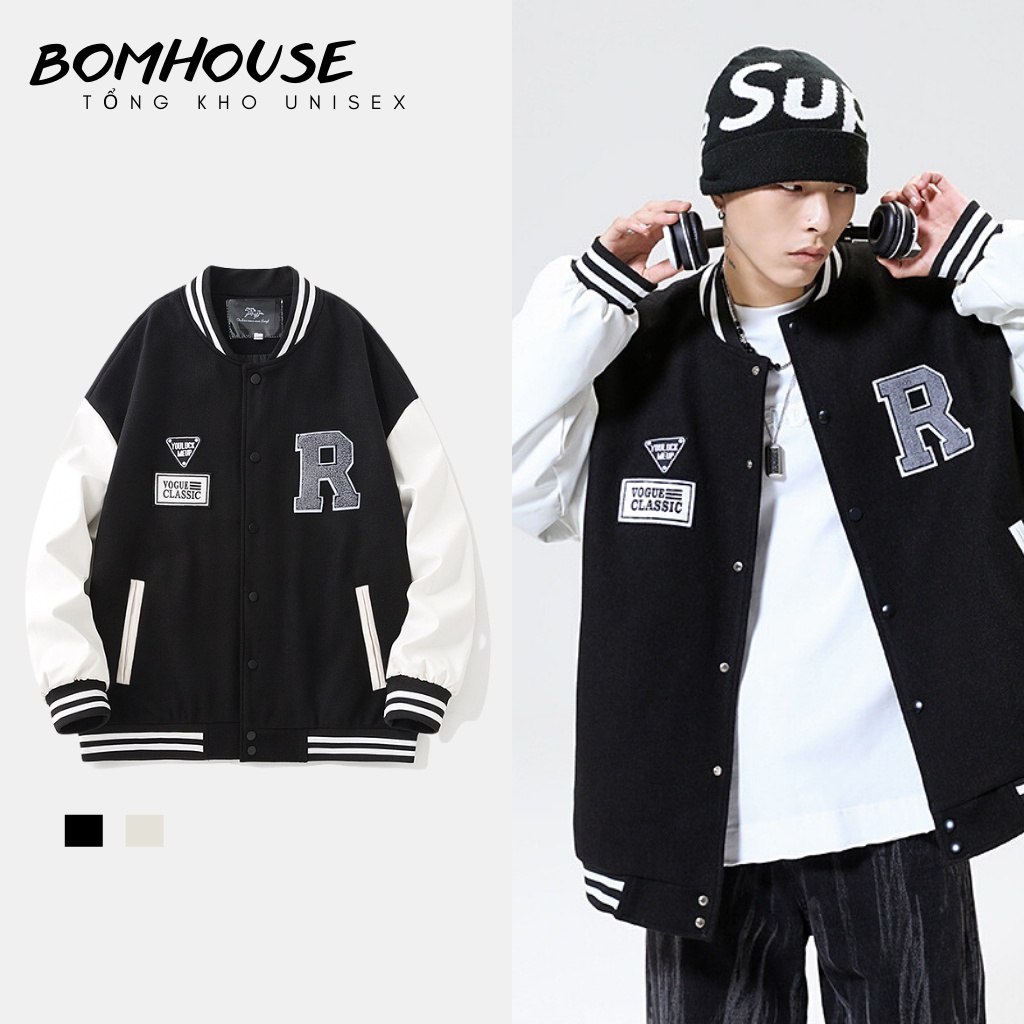 Áo Khoác Bomber Varsity Jacket Bóng Chay Chất Liệu Dạ BOM HOUSE Nam Nữ 2 Lớp Logo Thêu - Hàng nhập khẩu