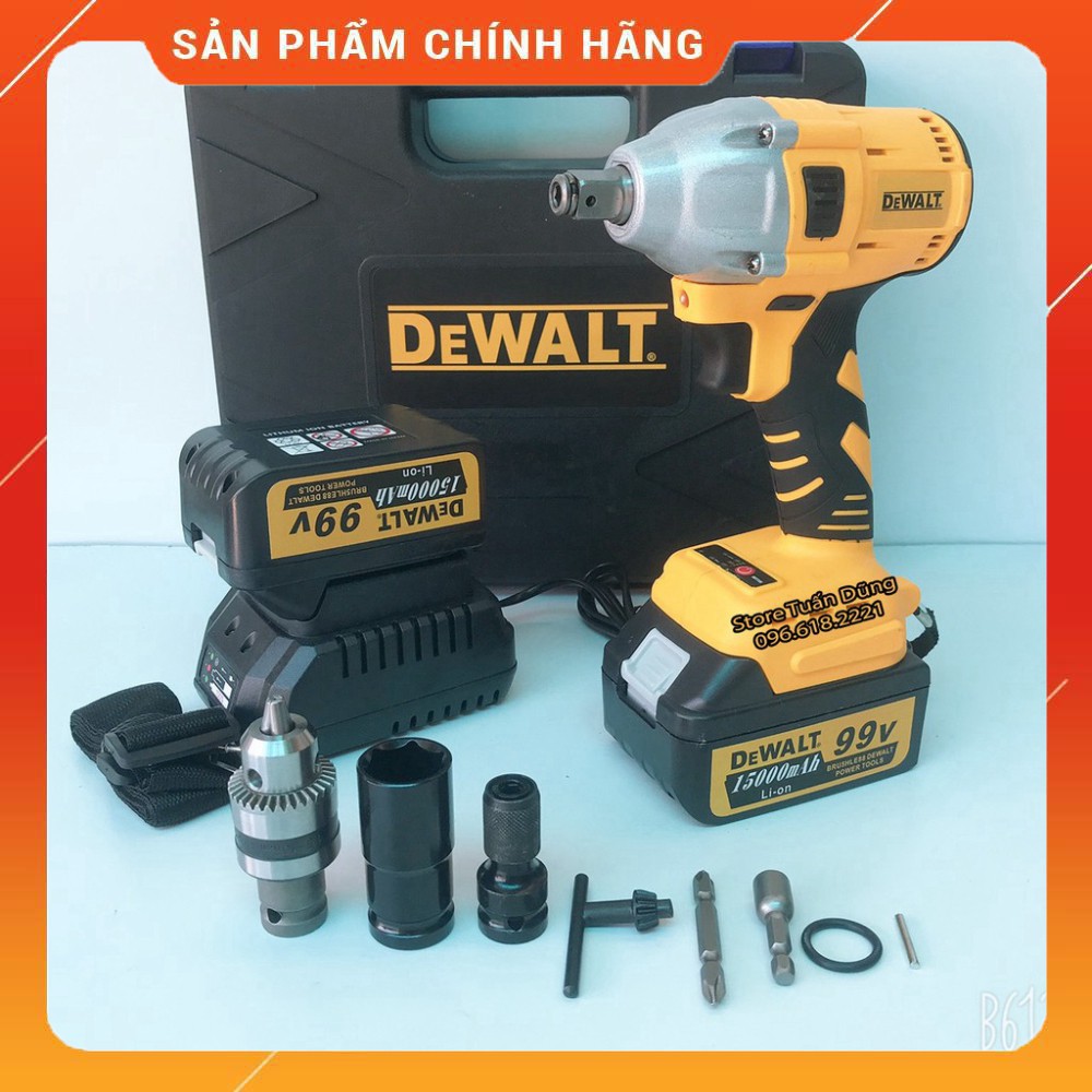 Siết bulong DEWALT 99V 2 pin không chổi than 100% đồng - Máy xiết Bu Lông TẶNG Full phụ kiện [CAM KẾT CHÍNH HÃNG]