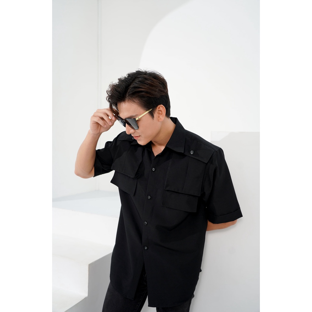 Áo Sơ Mi Nam Ngắn Tay Phối Túi Hộp Màu Đen/Trắng Thương Hiệu Mr Twins