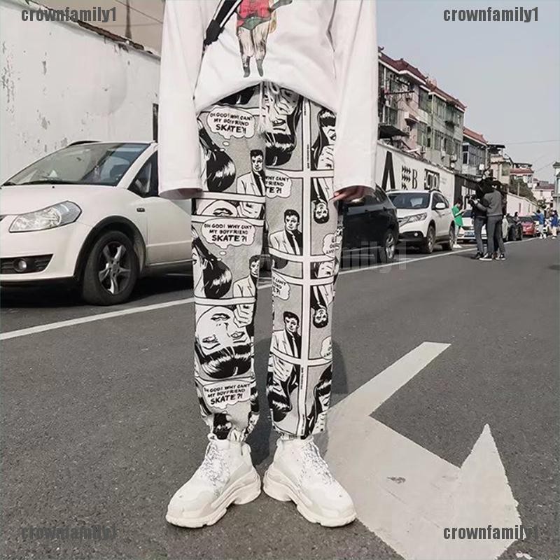 {crownfamily1} Mens Womens Comic Printed Casual Loose Hip Hop Harajuku Sport Pants Streetwear