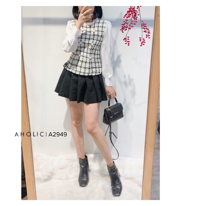 Áo phối dạ kẻ tay sơ mi cổ bèo nhún A3050Aholic