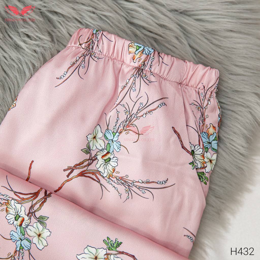 Bộ Pyjama Mặc Nhà Nữ VINGO Lụa Pháp Cao Cấp Tay Cộc Quần Lửng Họa Tiết Cành Hoa Tinh Tế Thanh Lịch H432 VNGO - TCQL | WebRaoVat - webraovat.net.vn