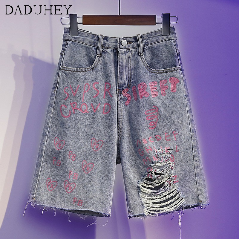 Quần Short Jean Rách In Chữ Thời Trang Hàn Quốc Mới Cho Nữ