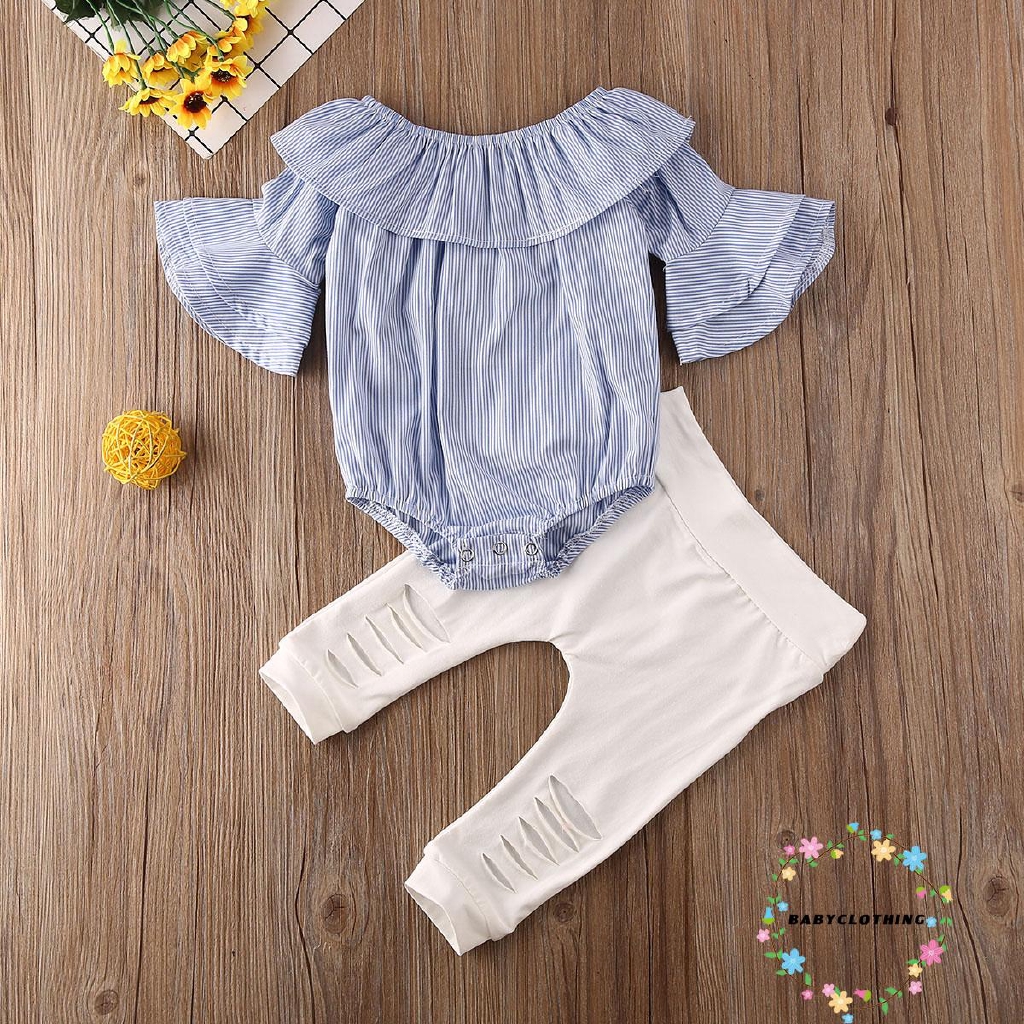 ღWSVღNewborn Baby Girl Clothes Long Flare Sleeve Striped Romper Jumpsuit +Long Hole Pants Leggings Outfit 2Pcs Clothes