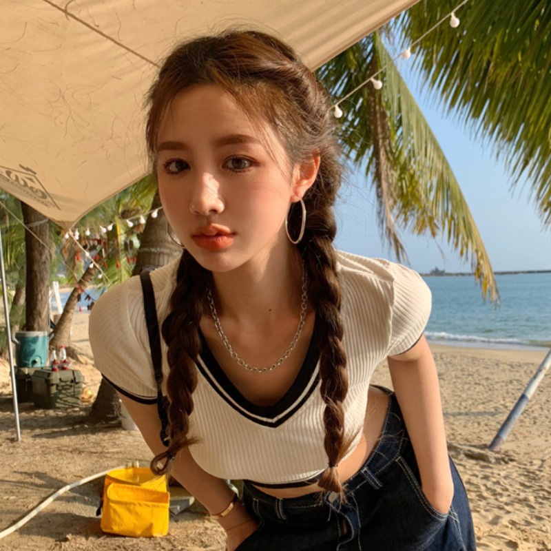 Áo thun ZHELIHANGFEI tay ngắn cổ chữ V phong cách Hàn Quốc thời trang xuân trẻ trung cho nữ