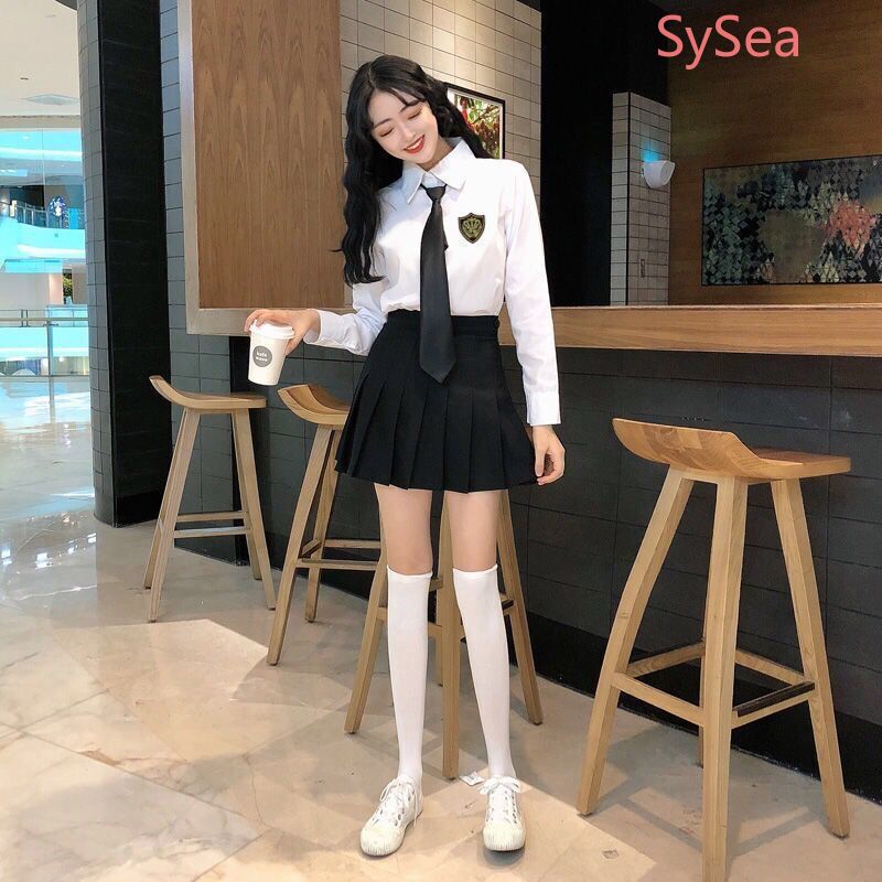 Áo sơ mi/chân váy xếp ly/cà vạt chất liệu cotton thời trang trẻ trung dành cho nữ