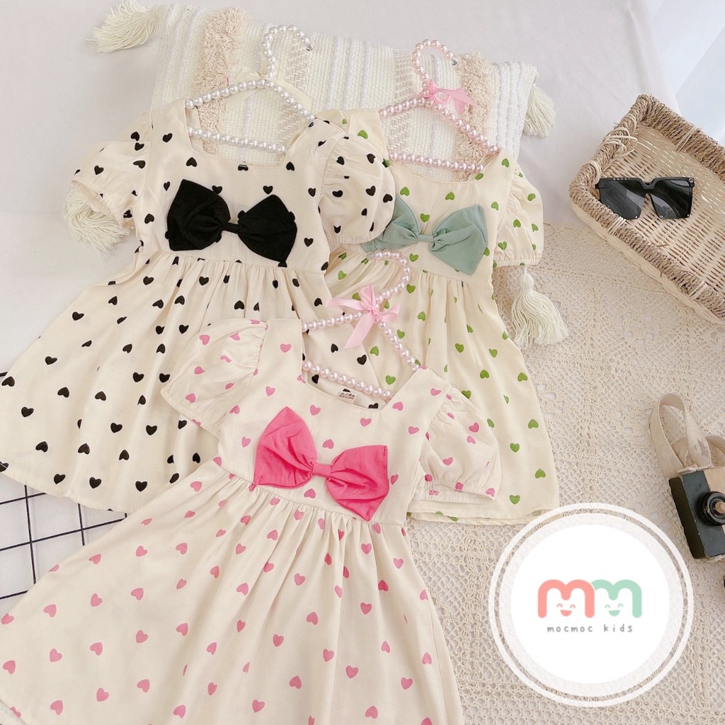 Đầm bé gái dễ thương, đầm babydoll bé gái thiết kế tay phồng nơ cổ chất lụa cao cấp mềm mịn mát cho bé 11kg đến 28kg