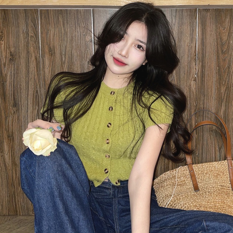 O Croptop Dệt Kim Tay Ngắn Cổ Tròn Màu Sắc Trơn Phong Cách Hàn Quốc Thời Trang Cho Nữ Dệt Kim Tay Ngắn Cổ Tròn Cho Phái Nữ