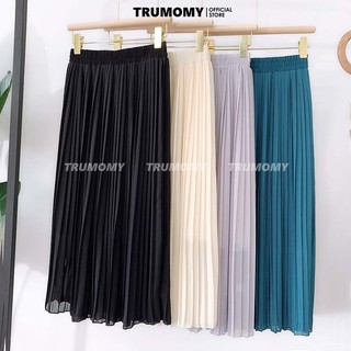 Chân váy dập ly dài midi Vintage Quảng Châu lưng cao, cạp chun, dài qua gối - Trumomy