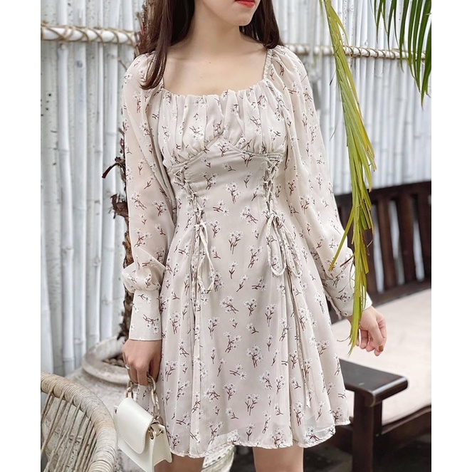 Đầm suông hoa nhí cổ vuông dài tay thắt dây ngực