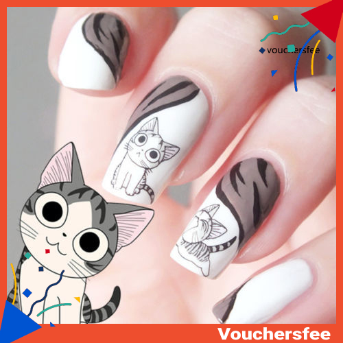 [VOU] 10 Sheets Nail Art Water Transfer Sticker Happy Cute Cat Pattern Manicure Decals