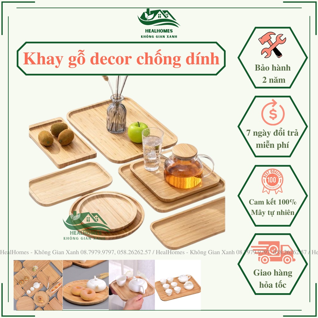 Khay gỗ decor chống dính đĩa tre ghép cách nhiệt bảo vệ môi trường, rang trí phòng bếp, nhà hàng khách sạn / HealHomes