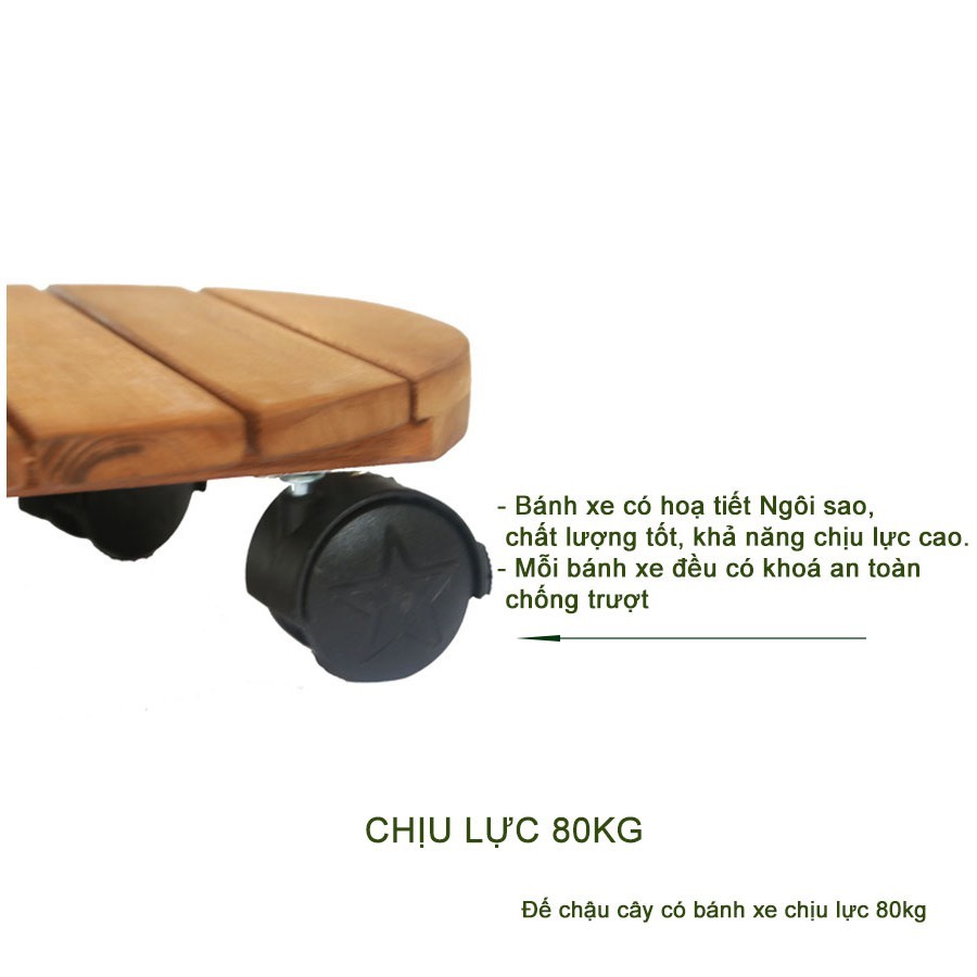 Combo 2 Đế lót để chậu cây có bánh xe chịu lực 80Kg - Kệ giá đỡ chậu hoa cây cảnh đa năng gỗ keo R30xC8cm