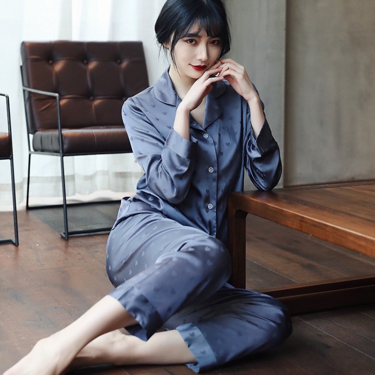 Bộ pijama lụa cao cấp, bộ đồ dài tay nữ tính phong cách Hàn Quốc, Hàng Quảng Châu Mã PK