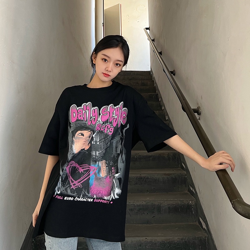 Xiaozhainv Áo Thun Ngắn Tay Dáng Rộng In Hình Hoạt Hình Dành Cho Cặp Đôi