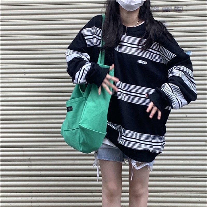 Áo Sweater Tay Dài Form Rộng Kẻ Sọc Phối Màu Độc Đáo Phong Cách S-2XL