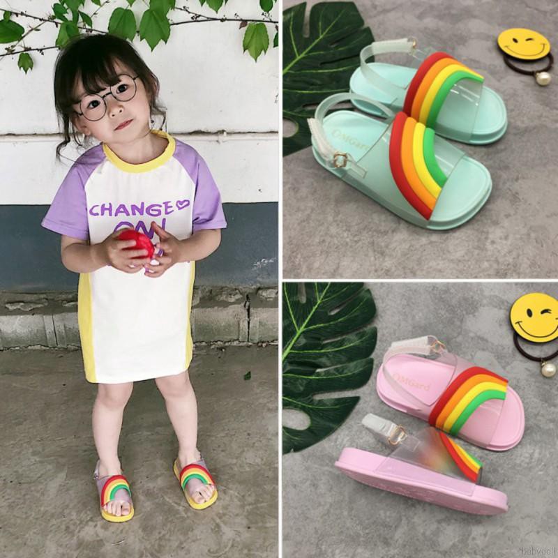 Giày sandal hở mũi chống trượt có họa tiết cầu vồng cho bé