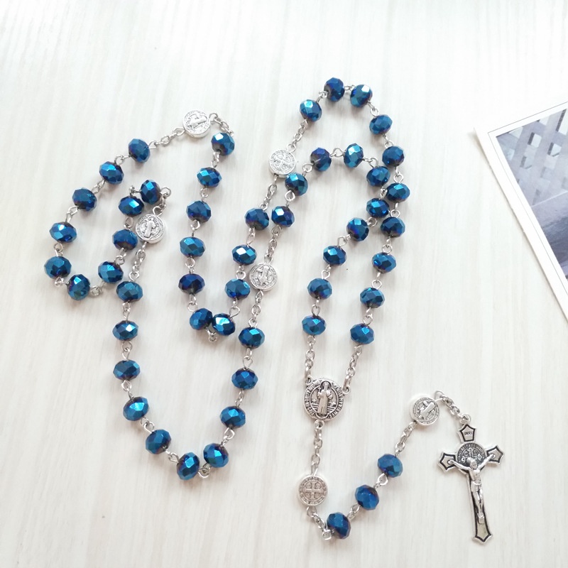 Catholic Vòng cổ Chuỗi Hạt Pha Lê Màu Xanh Dương Hình Thánh Benedict Medal