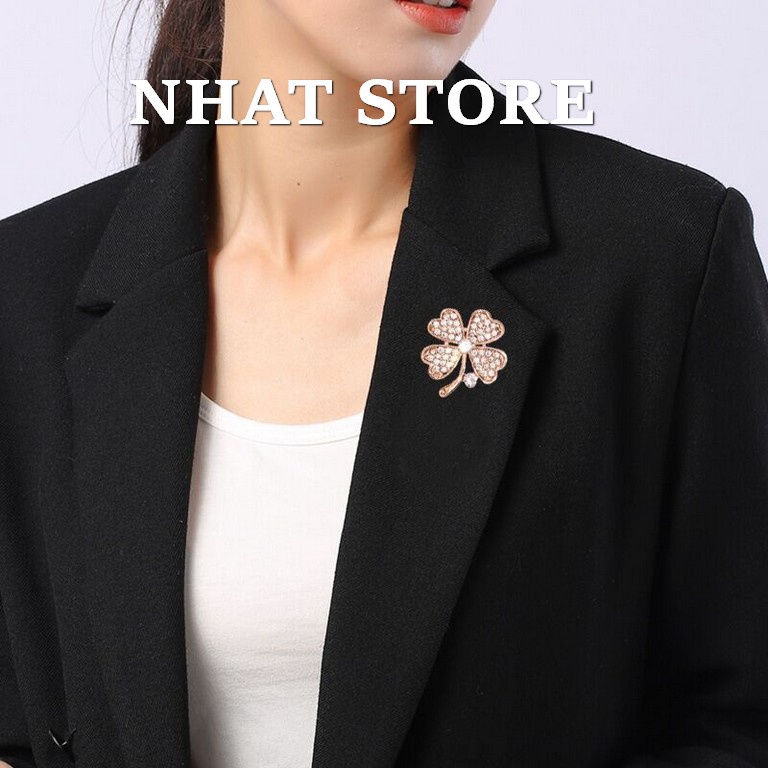 Cài áo đính đá hoạ tiết Cỏ bốn lá, trâm cài áo nữ nhat store