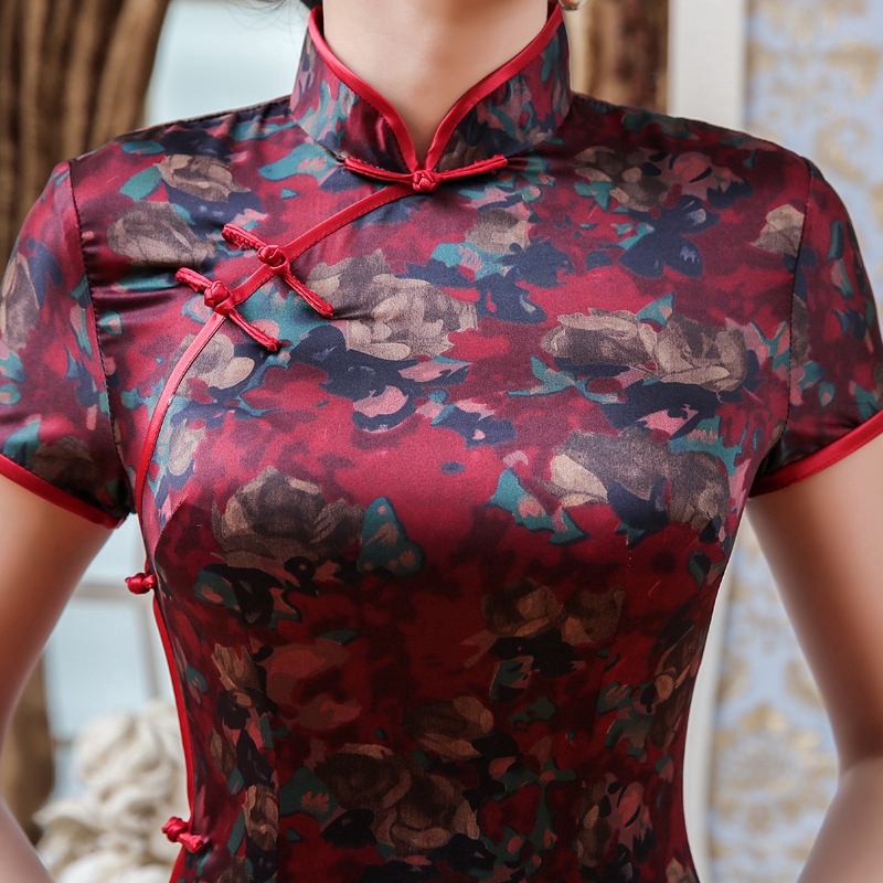 Qipao Cheongsam Dress Slim Vintage Short Sleeve Qipao Dresses Knee Length Floral Chinese Party Dress