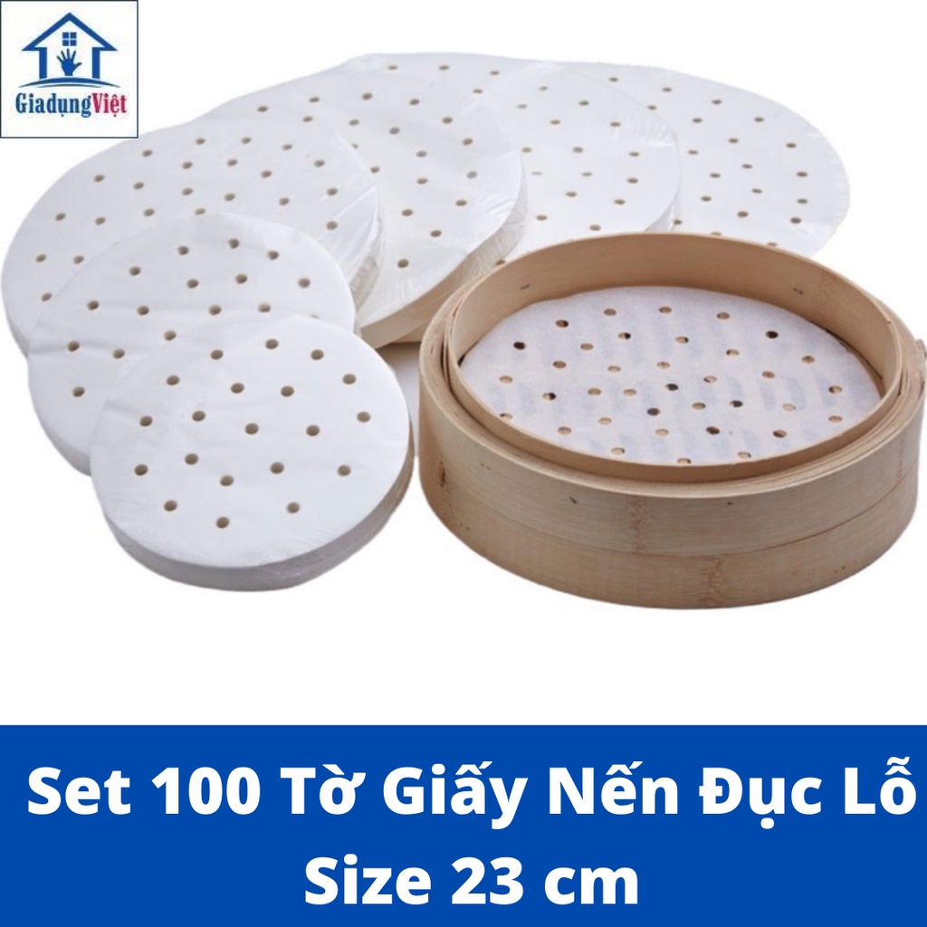 Set 100 tờ Giấy nến đục lỗ size 23 cm, Giấy nến tròn lót xửng hấp, nồi chiên không dầu, hấp bánh bao chống dính