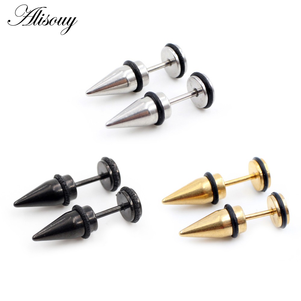 Alisouy Set 2 Khuyên Tai unisex Hình Nón Bằng Thép Không Gỉ Phong Cách gothic punk