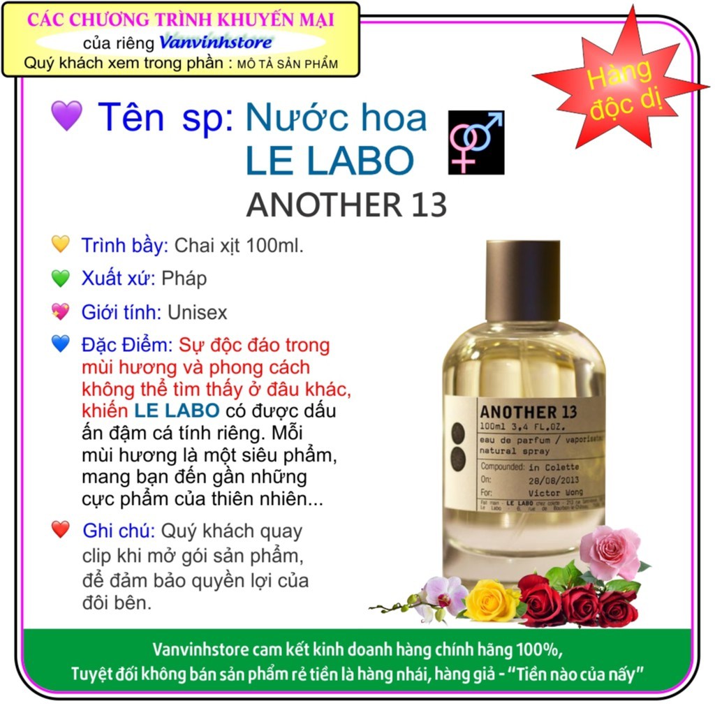 NƯỚC HOA LE LABO  ANOTHER 13 - 100ML - UNISEX - Thương hiệu nổi tiếng của Pháp.