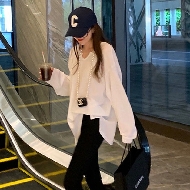 Áo thun tay dài dáng rộng màu trắng phong cách Hàn Quốc