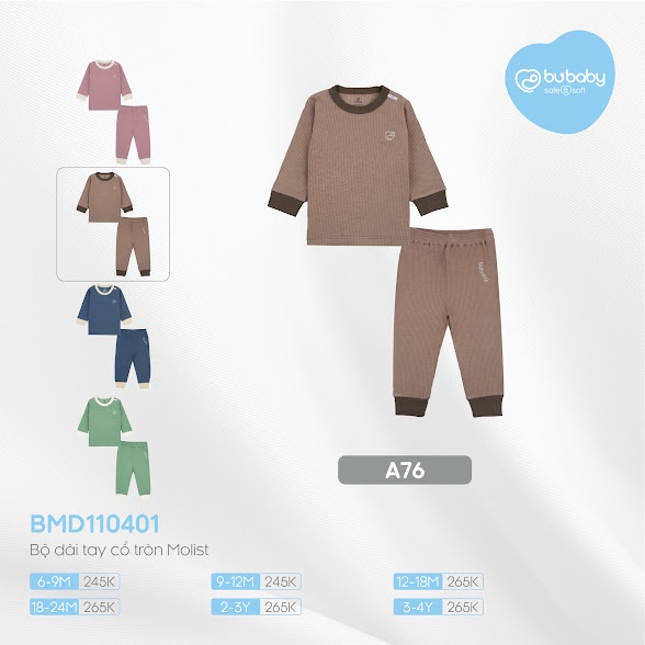 [CHÍNH HÃNG] Bộ quần áo dài tay cổ tròn trẻ em Candie Molist BMD110401 Bu