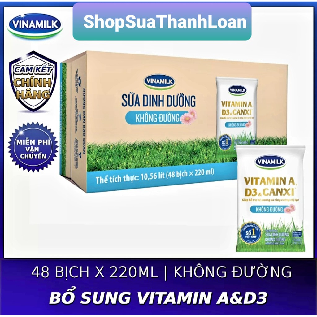 [HSD T8-2022] Thùng 48 Bịch Sữa Dinh Dưỡng VINAMILK KHÔNG ĐƯỜNG - 220ML