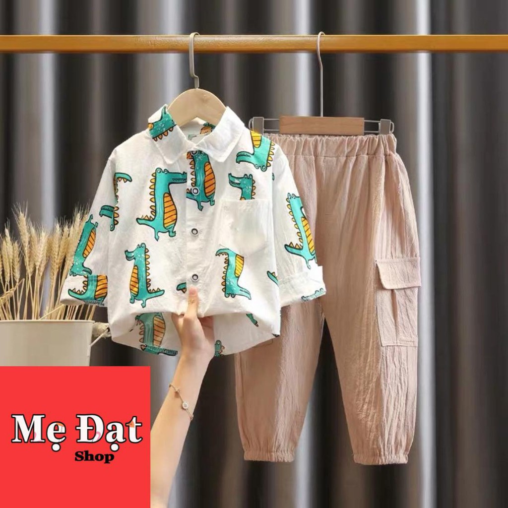 Sét sơ mi đũi dài tay in hình cá sấu cho bé trai-B018