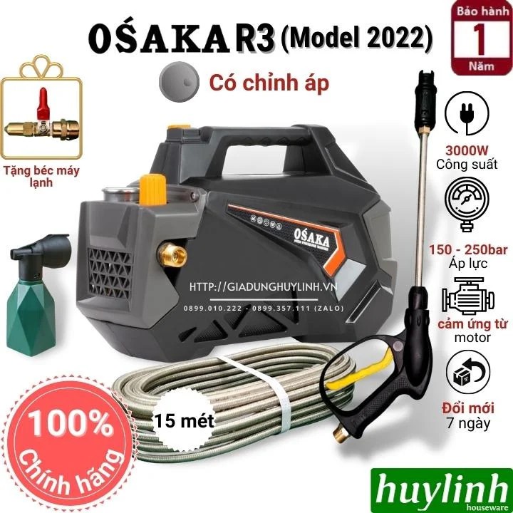 Máy xịt rửa xe chỉnh áp Osaka R3 - 3000W - Model 2022 - Tặng béc rửa máy lạnh, điều hoà