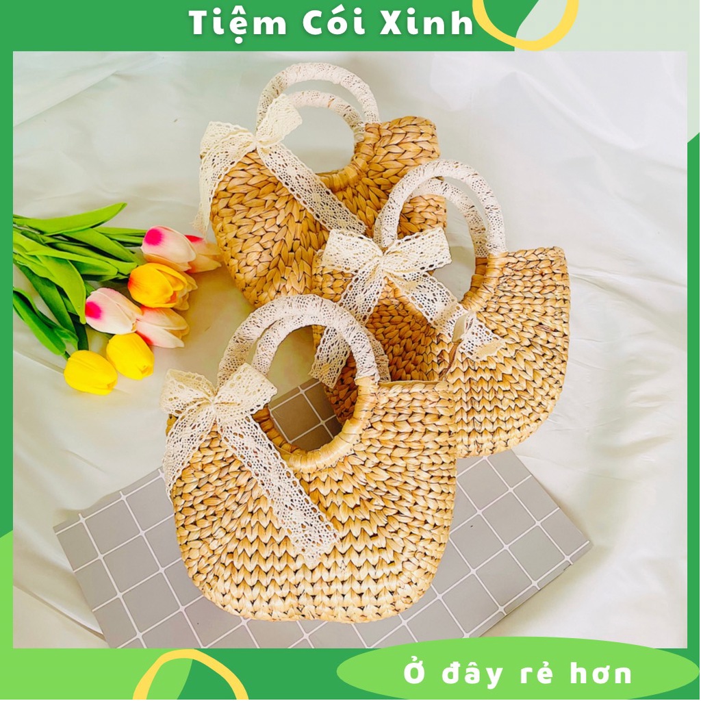 Túi Cói Mini Quấn Quai Nơ Ren Dễ Thương, Túi Xách Mini Cho Bé Gái, Đạo Cụ Chụp Ảnh, Giỏ Xách Lục Bình