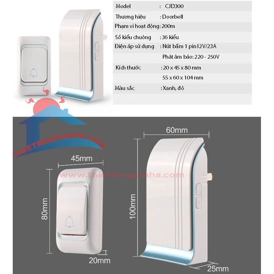 [Mã LIFE20KALL giảm 10% đơn 50K] Chuông Cửa Không Dây Doorbell CJD300