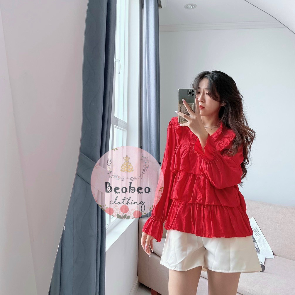 Set áo babydoll bèo tầng đỏ kèm quần short dễ thương