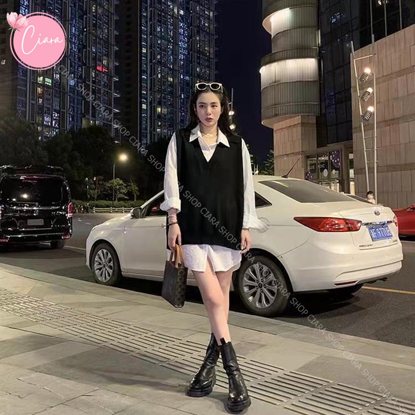 Áo sơ mi nữ form rộng kẻ sọc và áo gile nữ 2021 Ciara Shop TB34, set đồ nữ cá tính