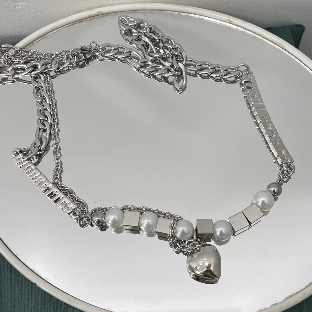 Vòng cổ Mặt Vuông Bằng Thép Titan Đính Ngọc Trai Phong Cách Hip Hop