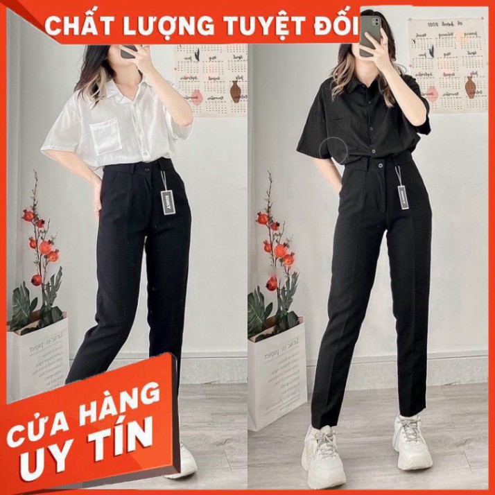 Quần tây baggy đi học nữ cạp có đai lưng cao màu đen dáng dài - Quần vải công sở Vitex dày dặn phối áo sơ mi đi học làm